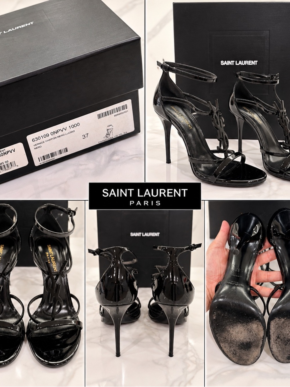 Saint Laurent Black Patent Leather Logo T-Strap Stiletto Sandals